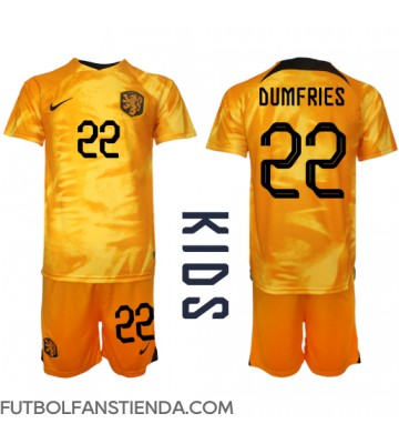 Países Bajos Denzel Dumfries #22 Primera Equipación Niños Mundial 2022 Manga Corta (+ Pantalones cortos)
